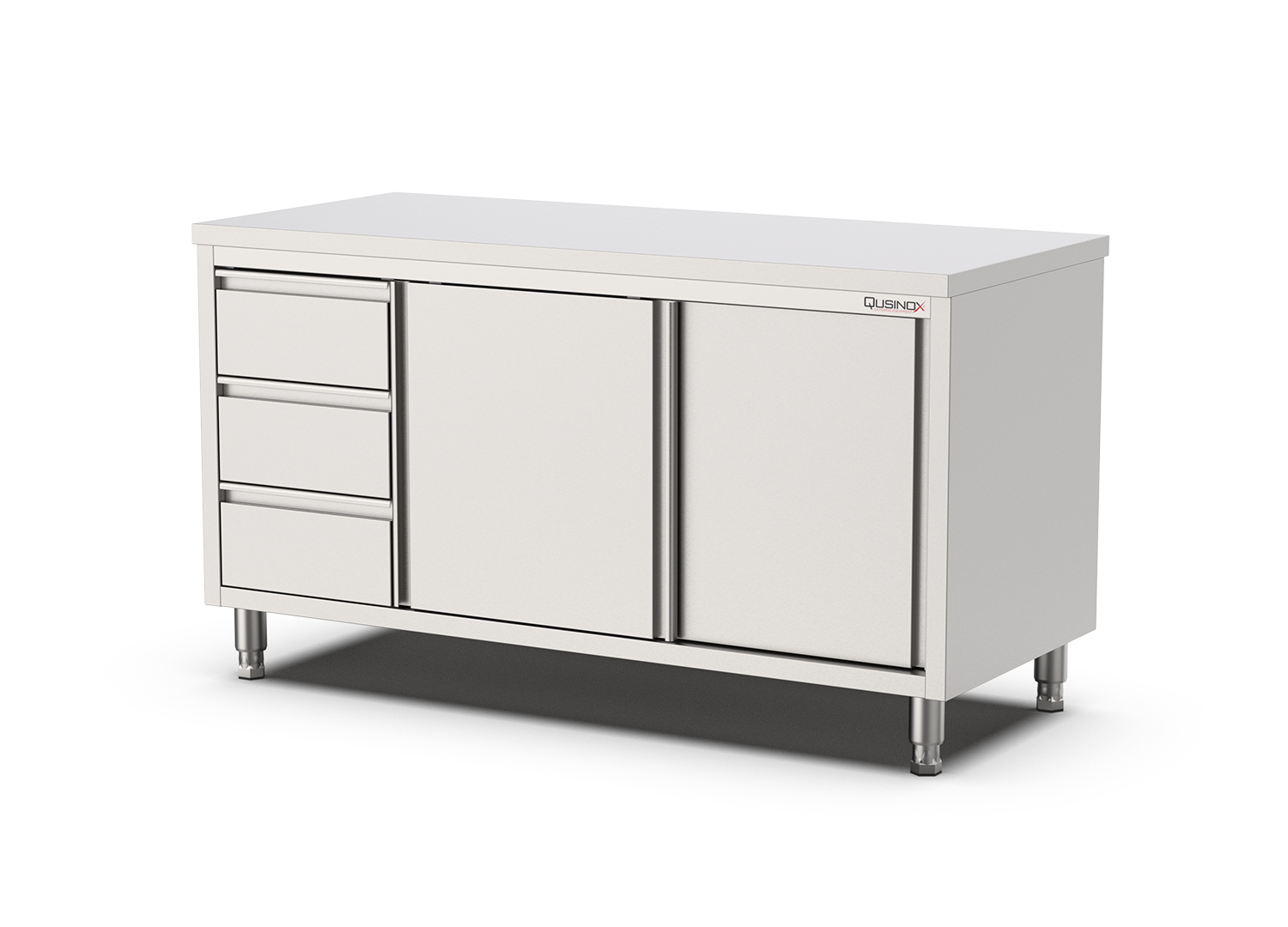 Nerūdijančio plieno stalas su durelėm ir 3-im stalčiais 