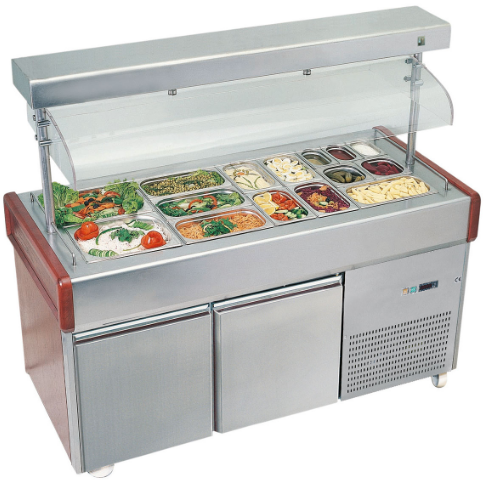 Šaldomas priesienis salotų baras su automatiniu dangčiu